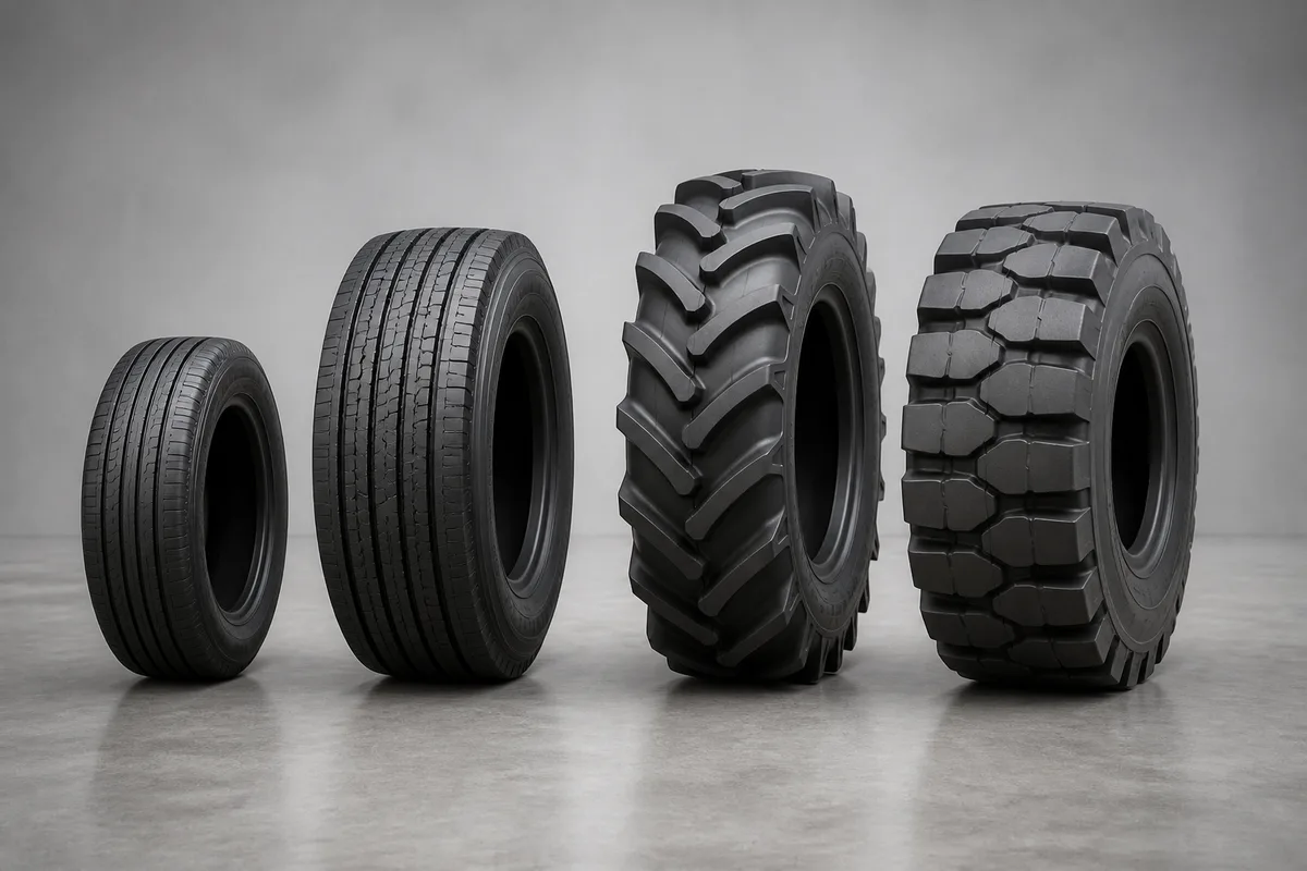 Illustrative selection of passenger car, truck, agricultural and industrial tyres